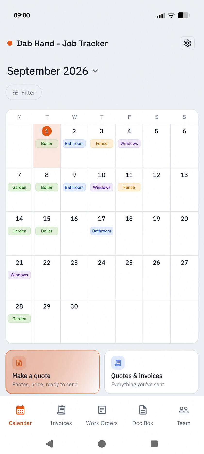 Dab Hand calendar populated with boiler, bathroom, fence, garden and window jobs for September