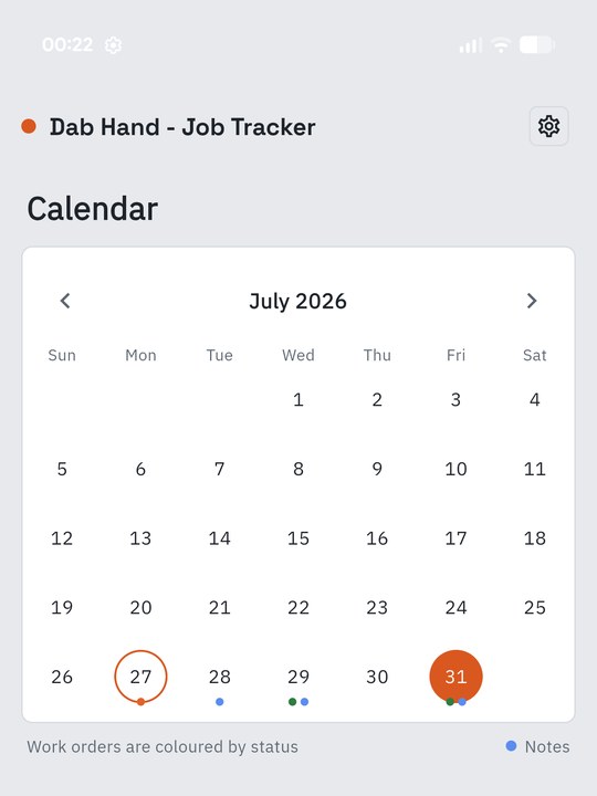 Month calendar with jobs colour-coded by status