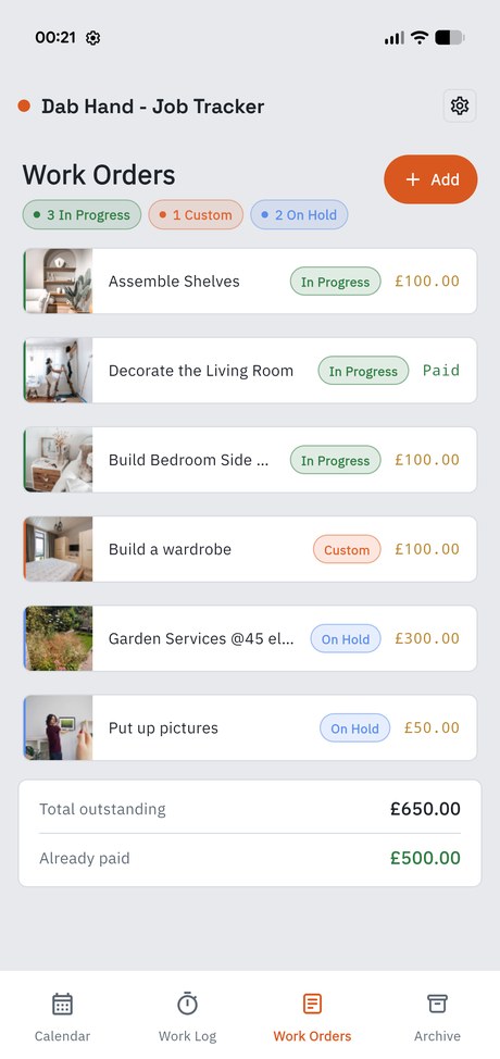 The Dab Hand work orders list, showing jobs with photos, status pills and prices